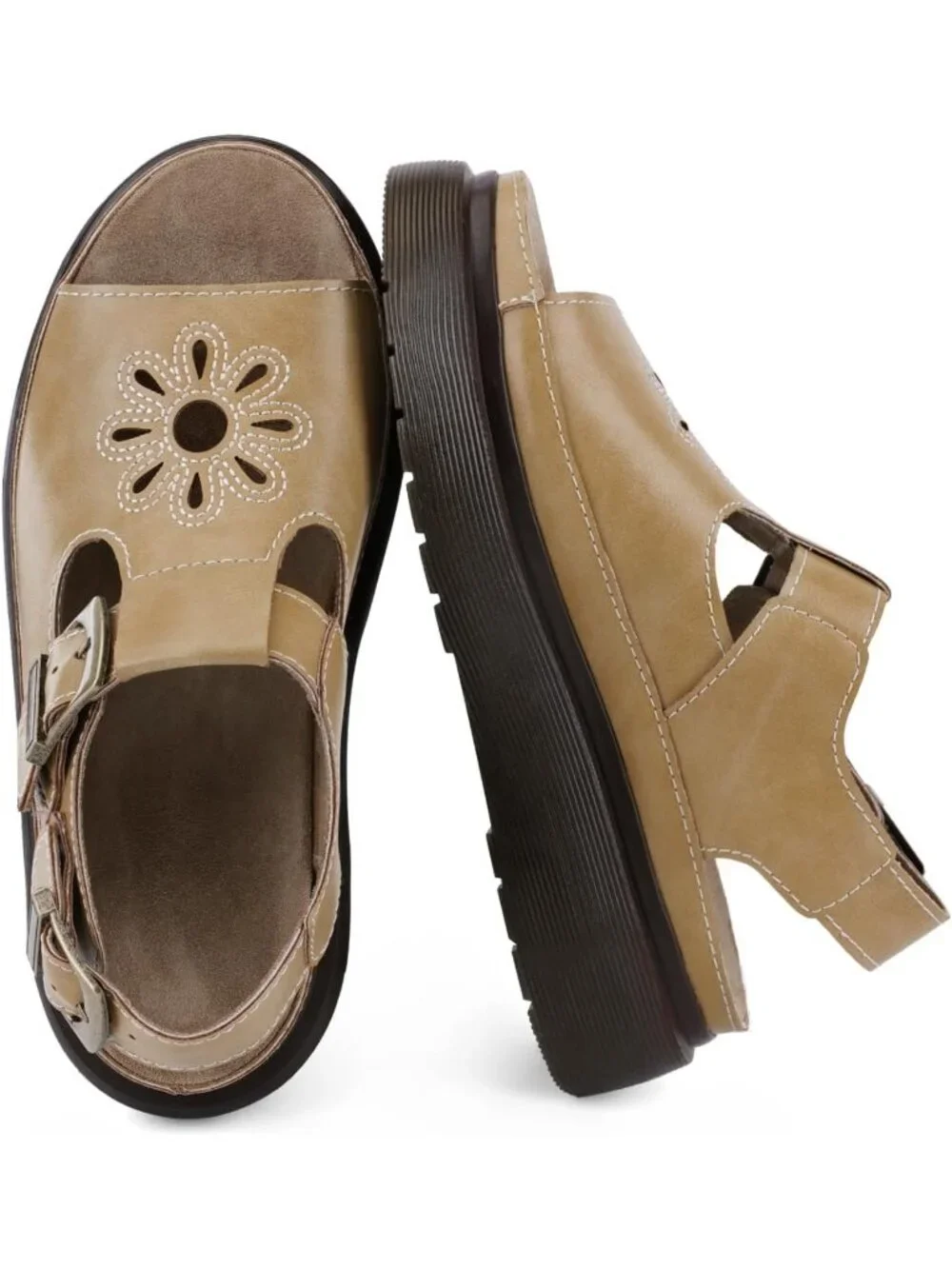 Women's Khaki Flat Open Toe Flower Decoration Fisherman Platform Sandal Shoes